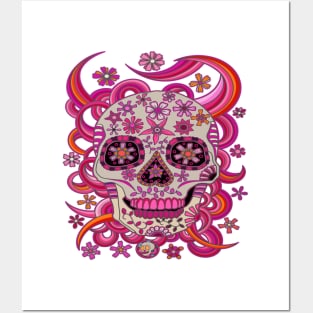 Sugar Skull Pink Flowers - Dia De Los Muertos - Pink Skull Posters and Art